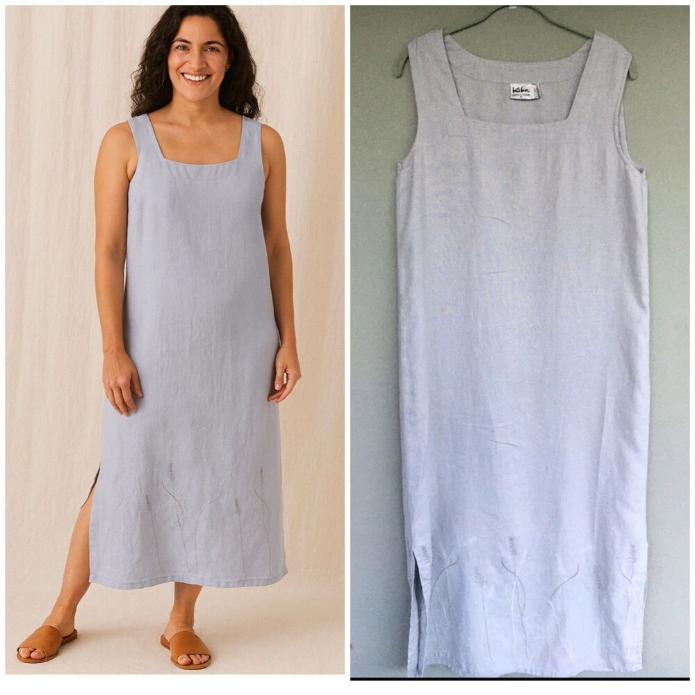 VTG Kiko Linen Maxi Dress Women M Grey Embroidered Sleeveless Minimalist Coastal
